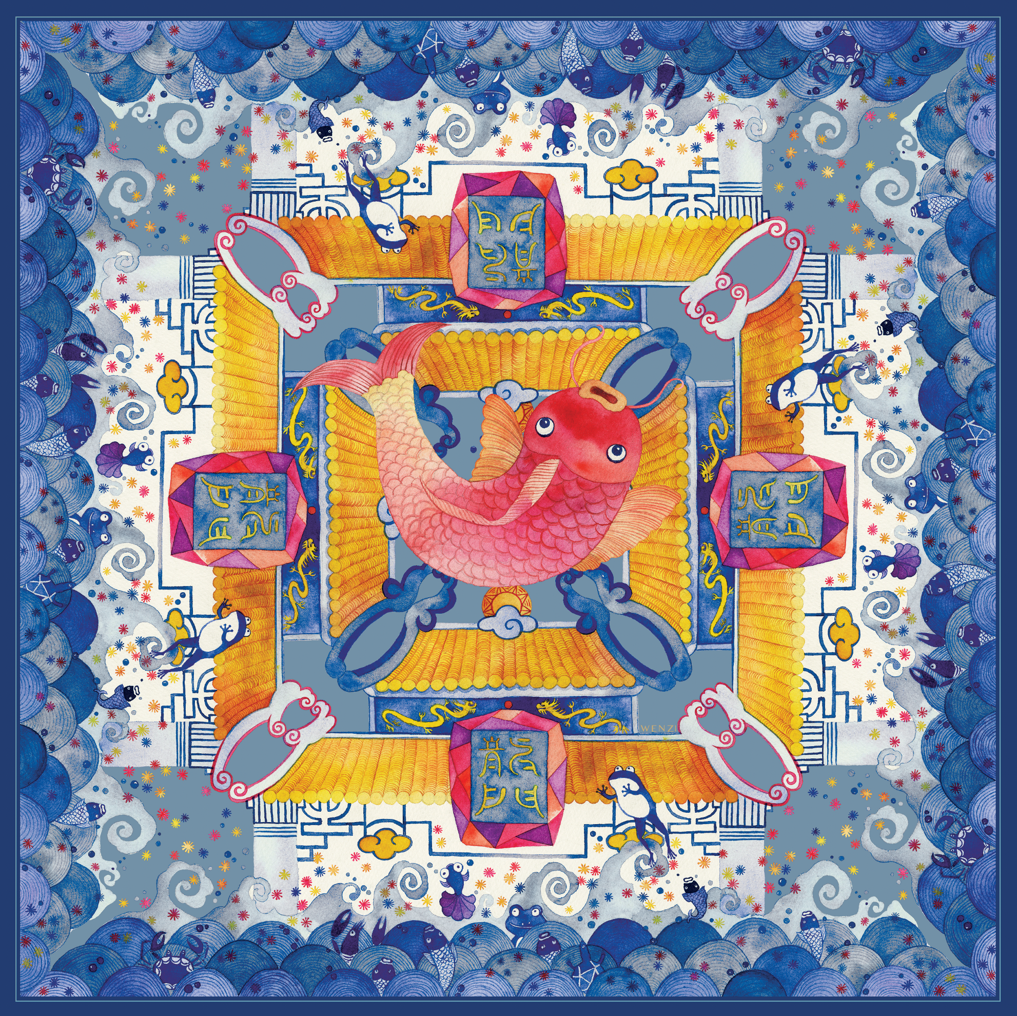 Skybound Koi| Designer Silk Scarf | Heavyweight | Double Sided