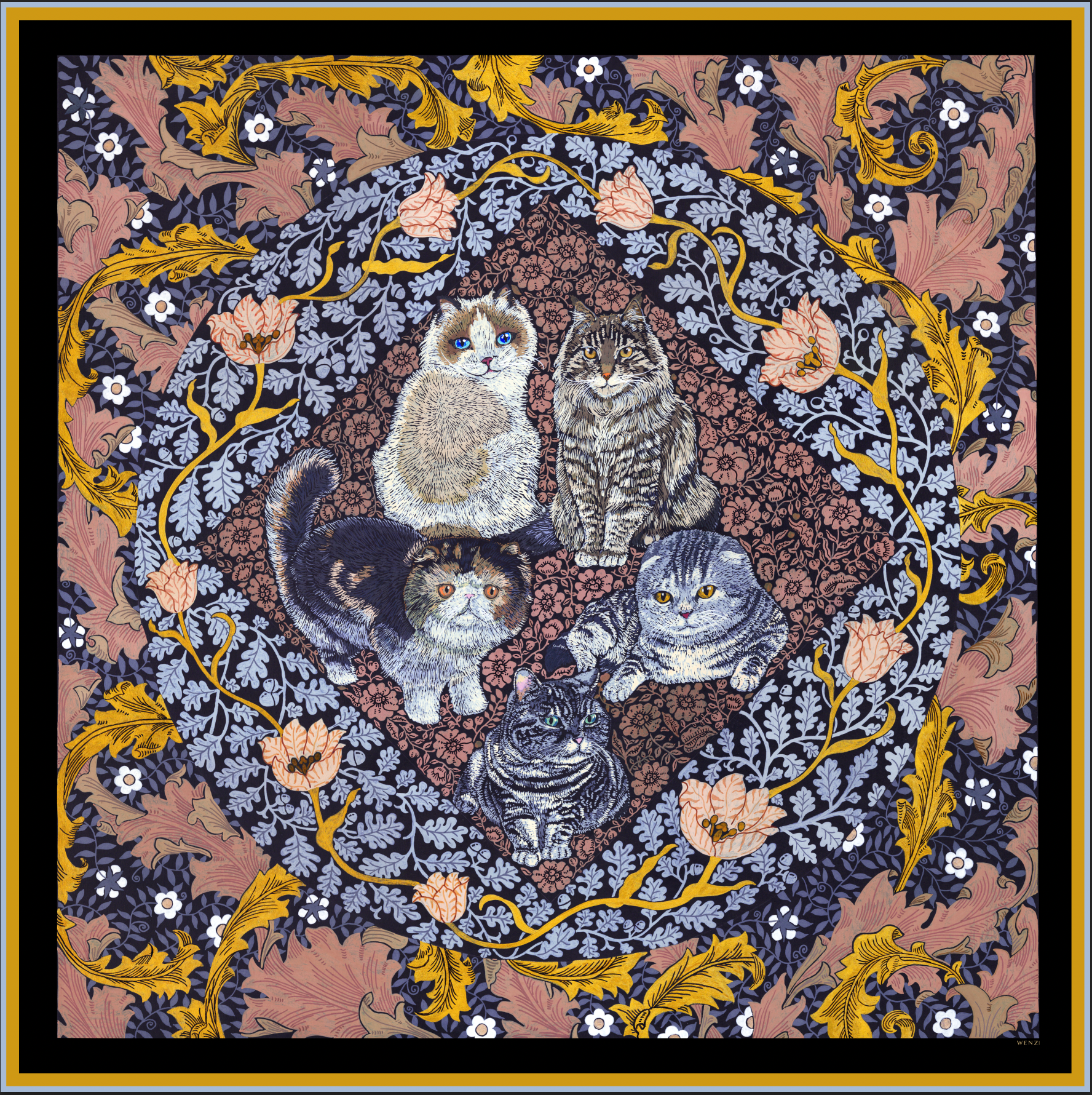 Whiskered Court: The Feline Chapter| Designer Silk Scarf | Heavyweight | Double Sided
