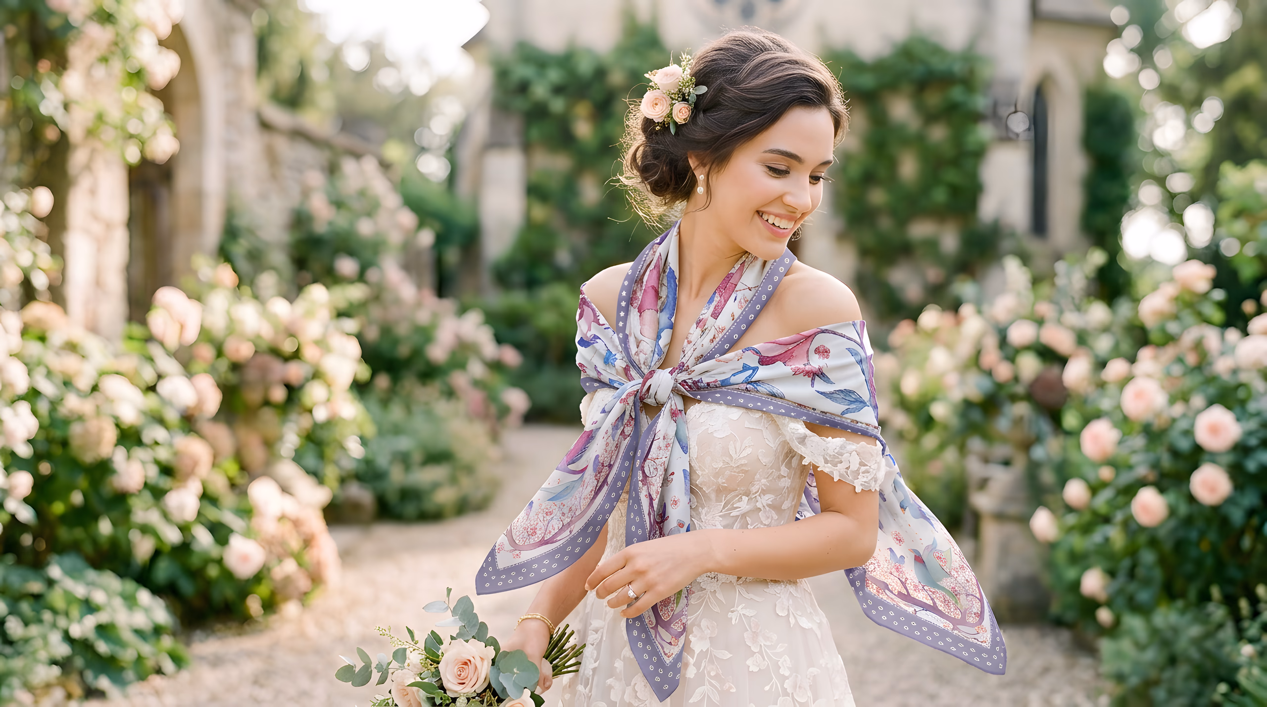 Bridal silk scarf styling — luxury hand-painted silk scarf for weddings and wedding guests