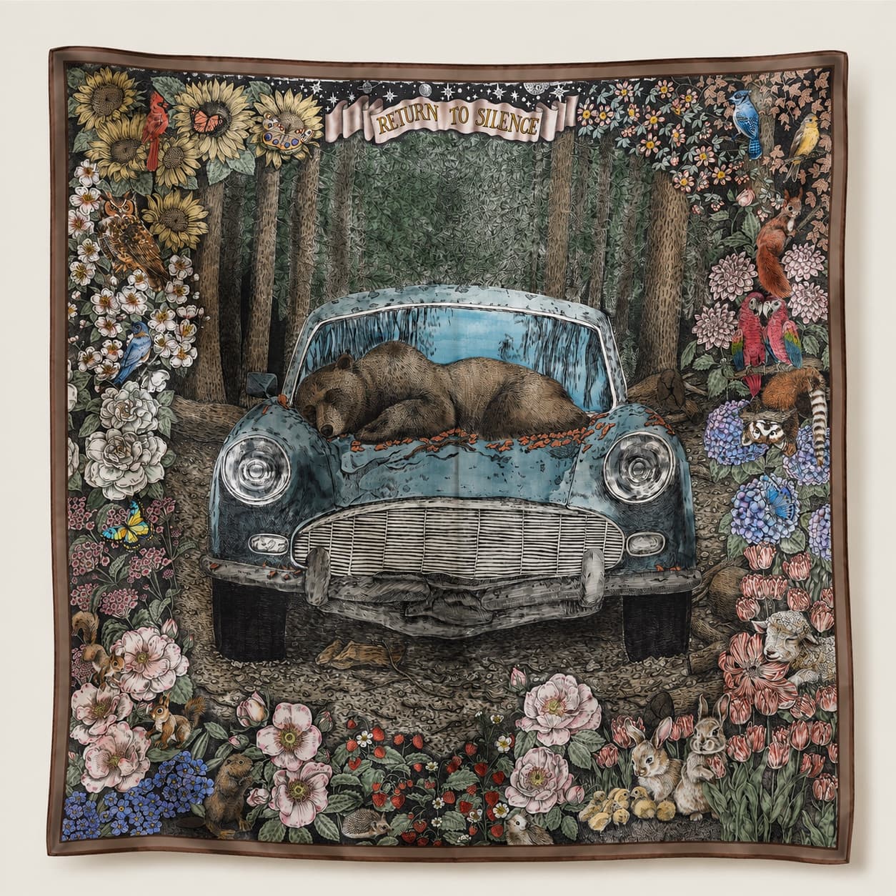 Heavyweight Double-Sided Mulberry Silk Twill Scarf, Woodland Bear Design, Hand-Painted by Wenzi, 90x90cm