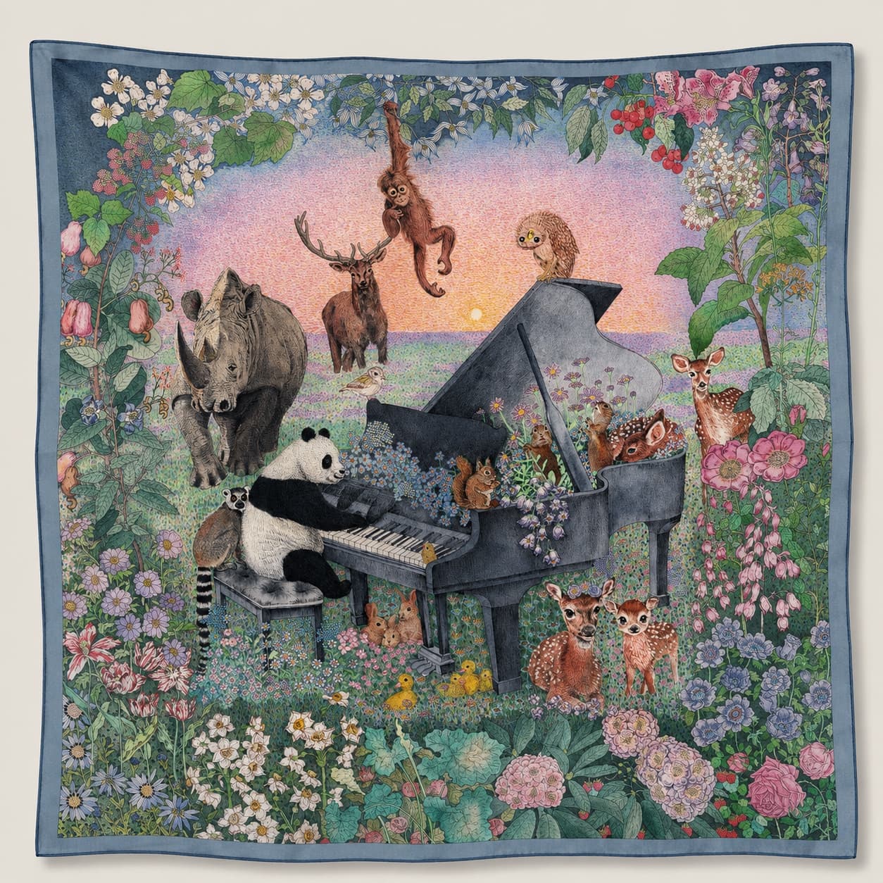 Heavyweight Double-Sided Mulberry Silk Twill Scarf, Panda Piano Silk Scarf, Hand-Painted by Wenzi, 90x90cm Luxury Gift
