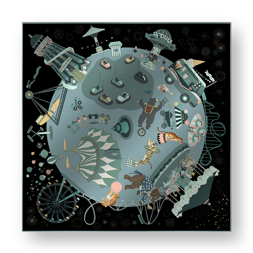 CARNIVAL WONDERLAND B - Double-Sided Hand-Painted Silk Scarf | 100% Mulberry Silk Head Wrap - luxury square silk scarf | hand-painted mulberry silk scarf