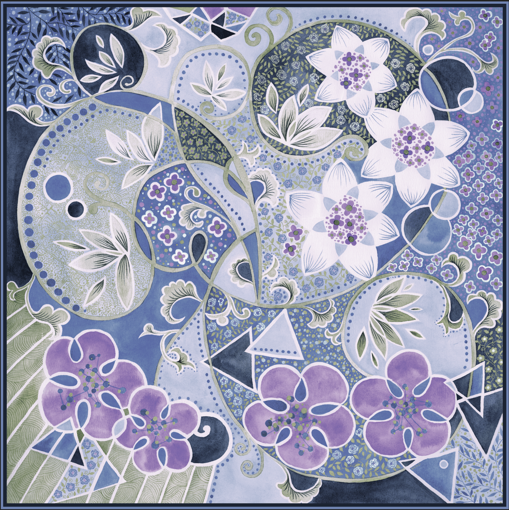 Rhythms of Bloom B - Double-Sided Hand-Painted Silk Scarf | 100% Mulberry Silk Head Wrap - luxury square silk scarf | hand-painted mulberry silk scarf