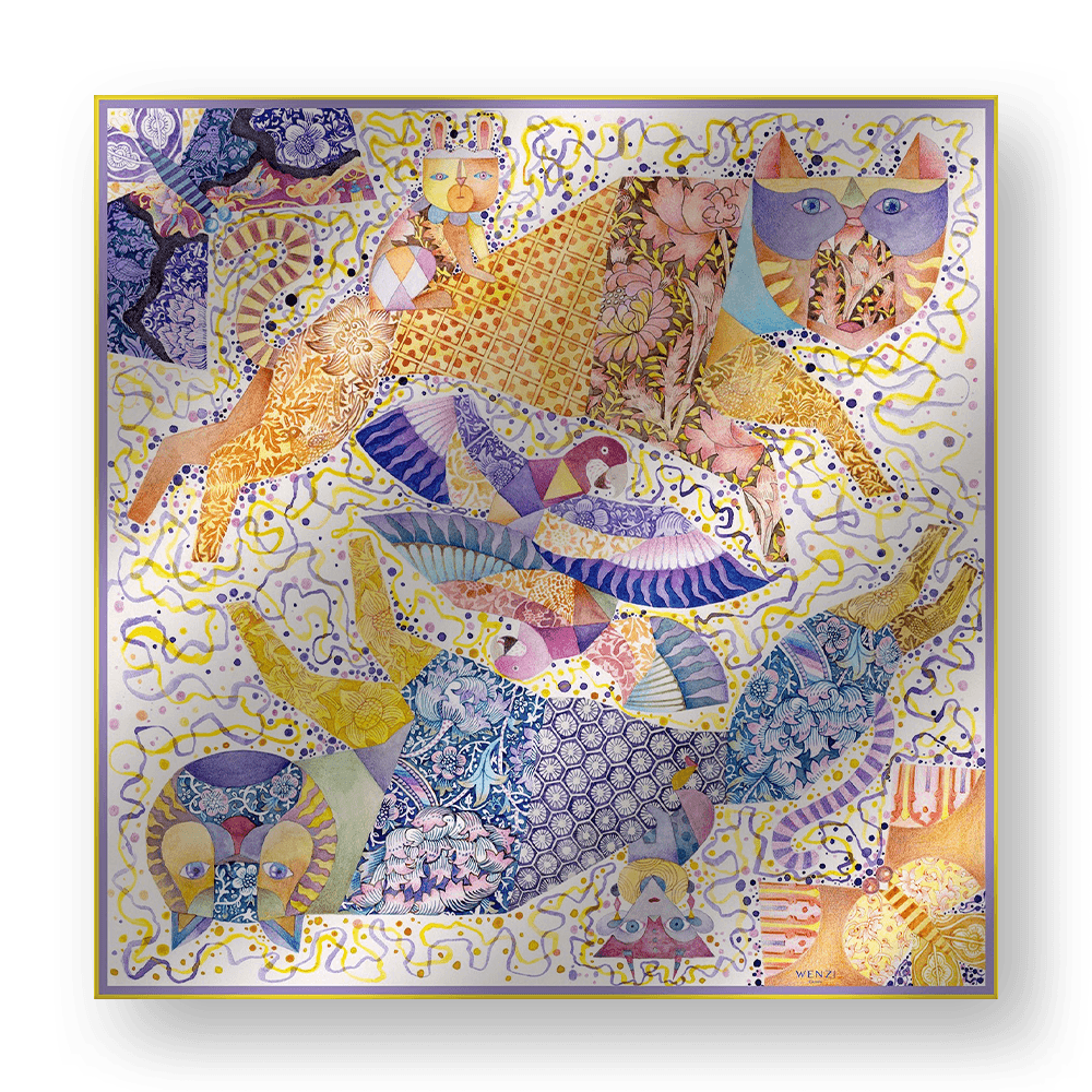 Feline Fantasy - Hand-Painted Square Silk Scarf | 100% Mulberry Silk Head Wrap - luxury square silk scarf | hand-painted mulberry silk scarf