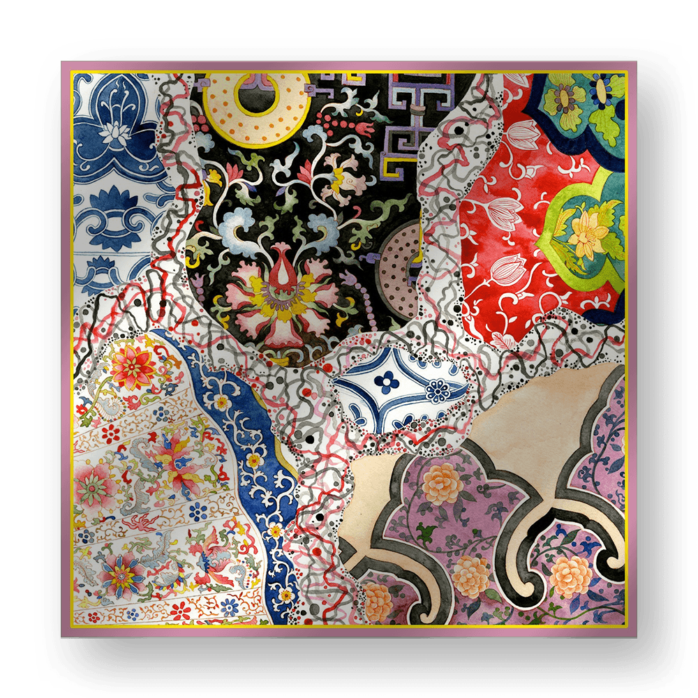 Mosaic of Mythos - Hand-Painted Square Silk Scarf | 100% Mulberry Silk Head Wrap