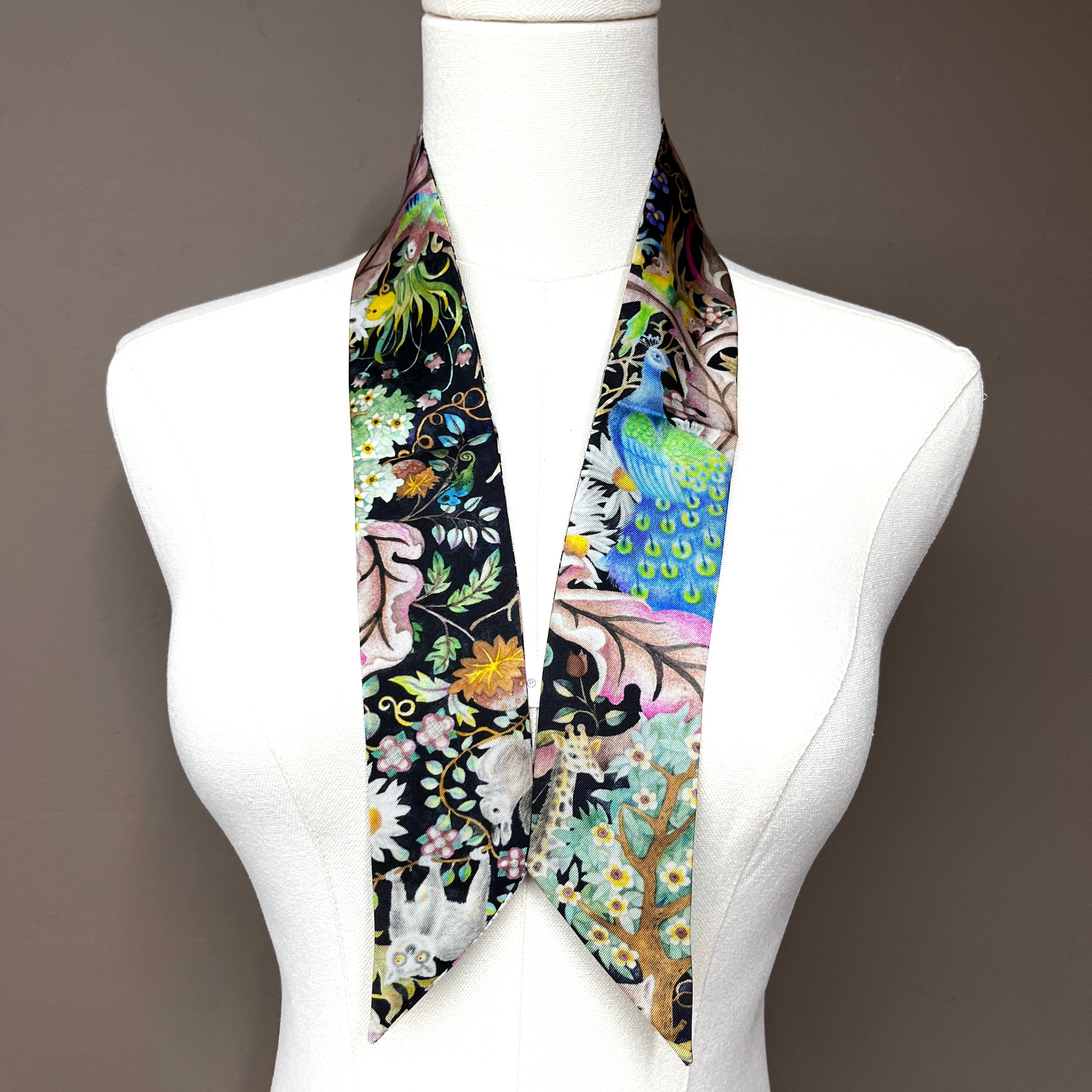 100% Mulberry Silk Twill Scarf, Short skinny scarf, Hair scarf, scarf for bags, Mystic Woodland A, Hand painted Pattern by Wenzi, 88cm*5cm