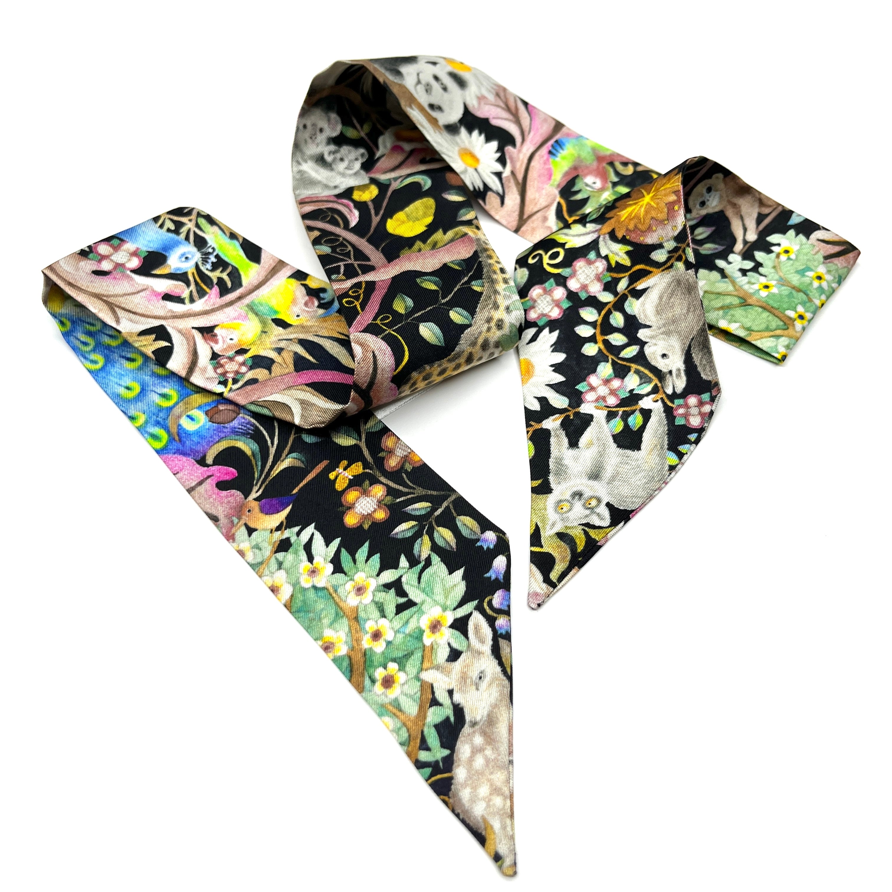 100% Mulberry Silk Twill Scarf, Short skinny scarf, Hair scarf, scarf for bags, Mystic Woodland A, Hand painted Pattern by Wenzi, 88cm*5cm