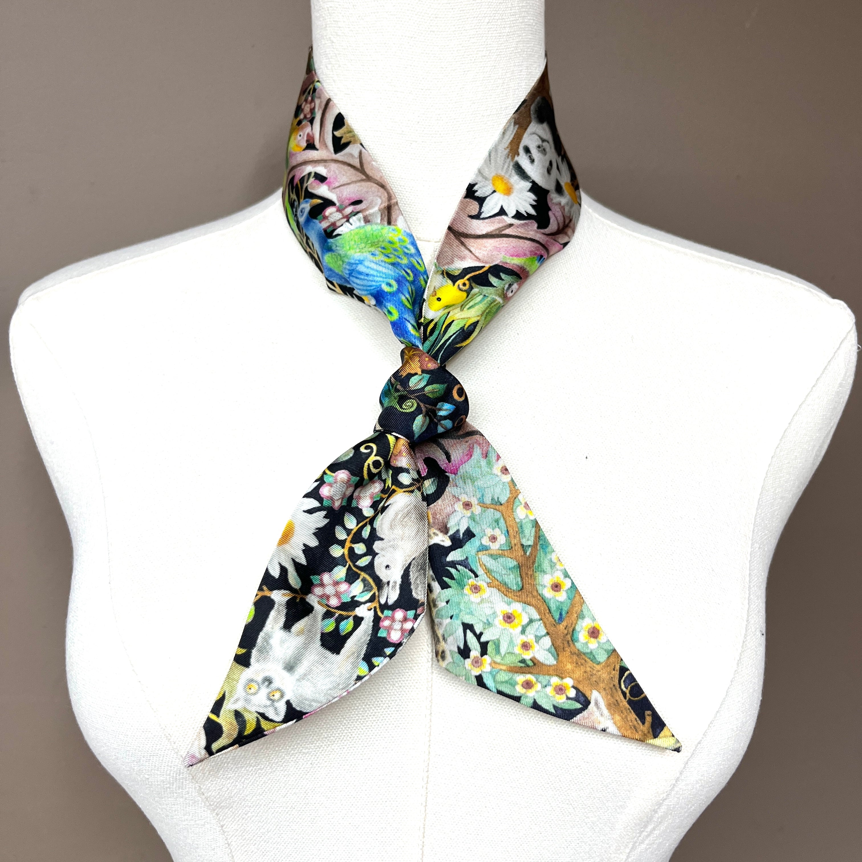 100% Mulberry Silk Twill Scarf, Short skinny scarf, Hair scarf, scarf for bags, Mystic Woodland A, Hand painted Pattern by Wenzi, 88cm*5cm
