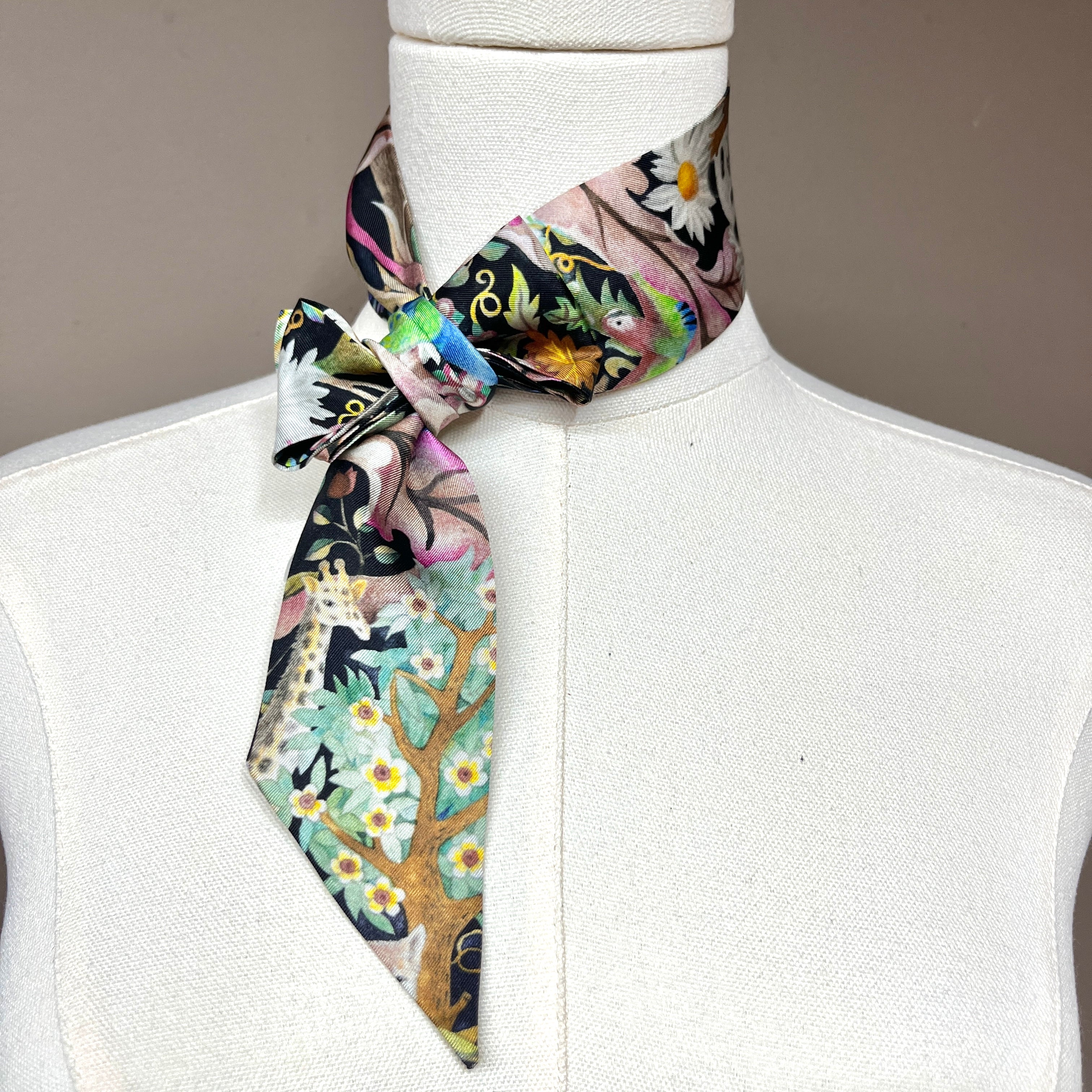 100% Mulberry Silk Twill Scarf, Short skinny scarf, Hair scarf, scarf for bags, Mystic Woodland A, Hand painted Pattern by Wenzi, 88cm*5cm