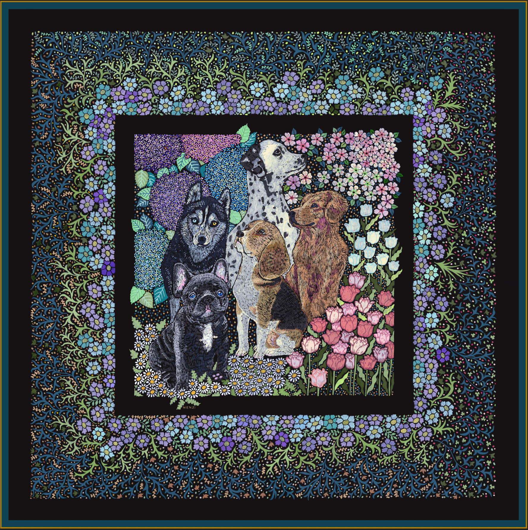 Whiskered Court: The Canine Chapter｜ Designer Silk Scarf | Heavyweight | Double Sided