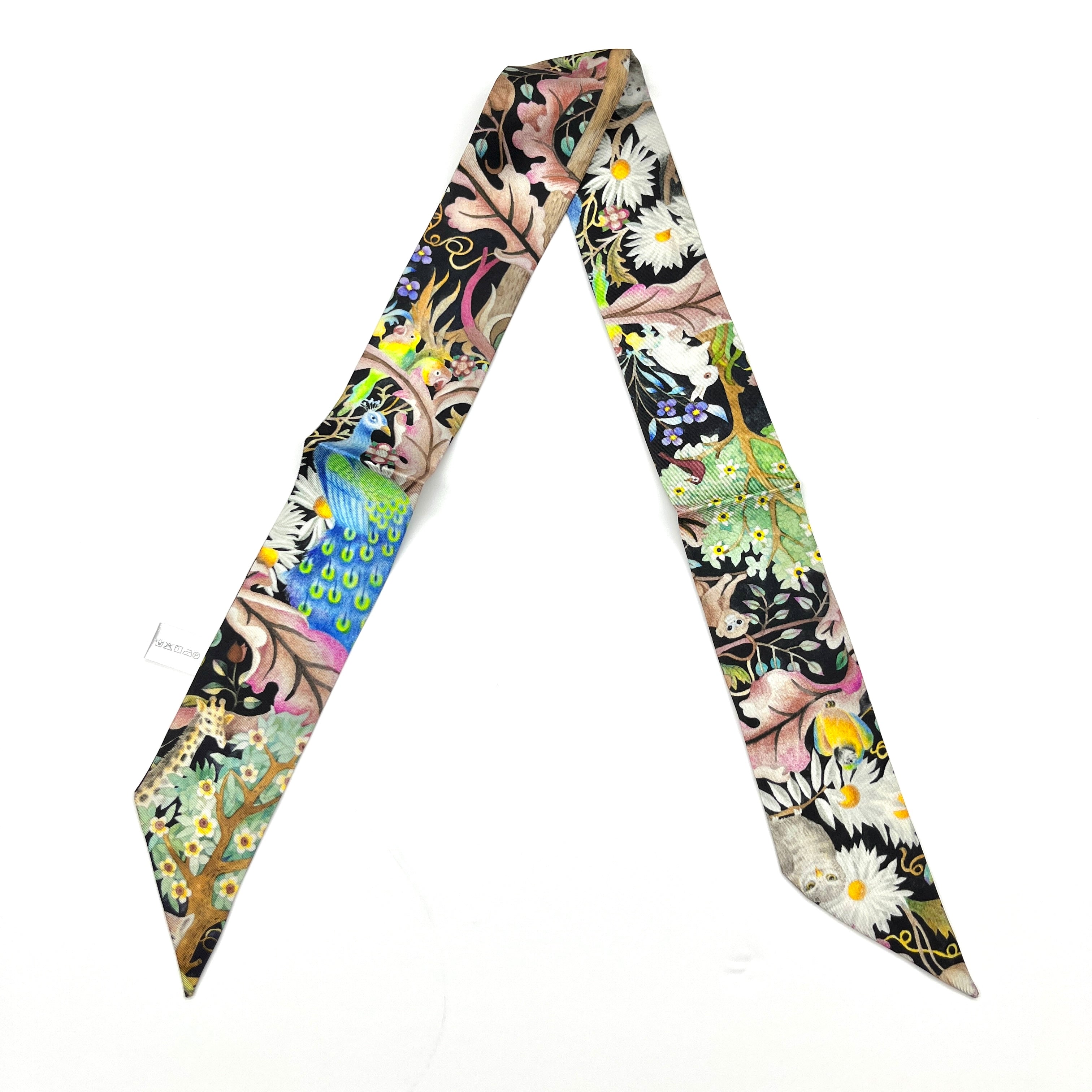 100% Mulberry Silk Twill Scarf, Short skinny scarf, Hair scarf, scarf for bags, Mystic Woodland A, Hand painted Pattern by Wenzi, 88cm*5cm