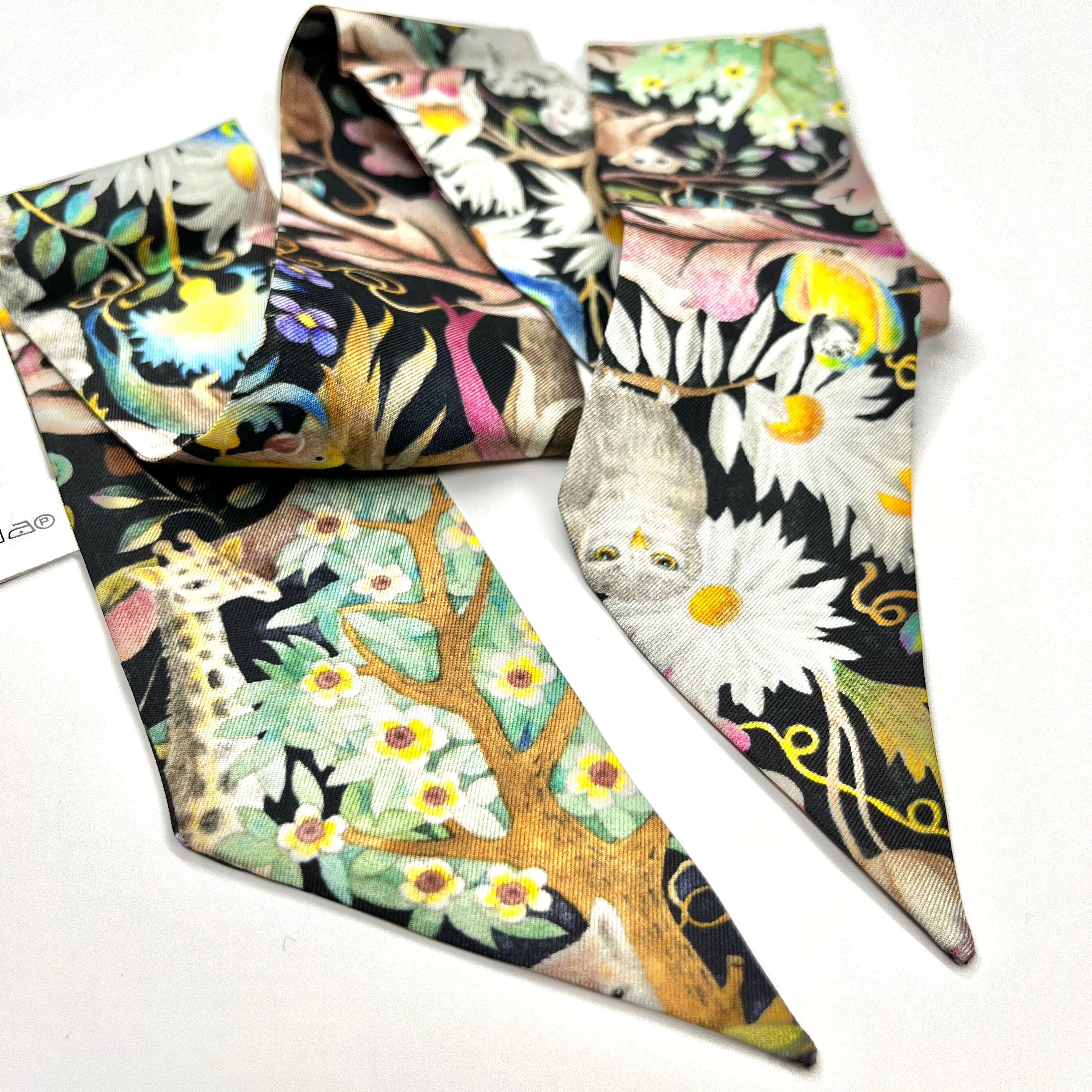 100% Mulberry Silk Twill Scarf, Short skinny scarf, Hair scarf, scarf for bags, Mystic Woodland A, Hand painted Pattern by Wenzi, 88cm*5cm