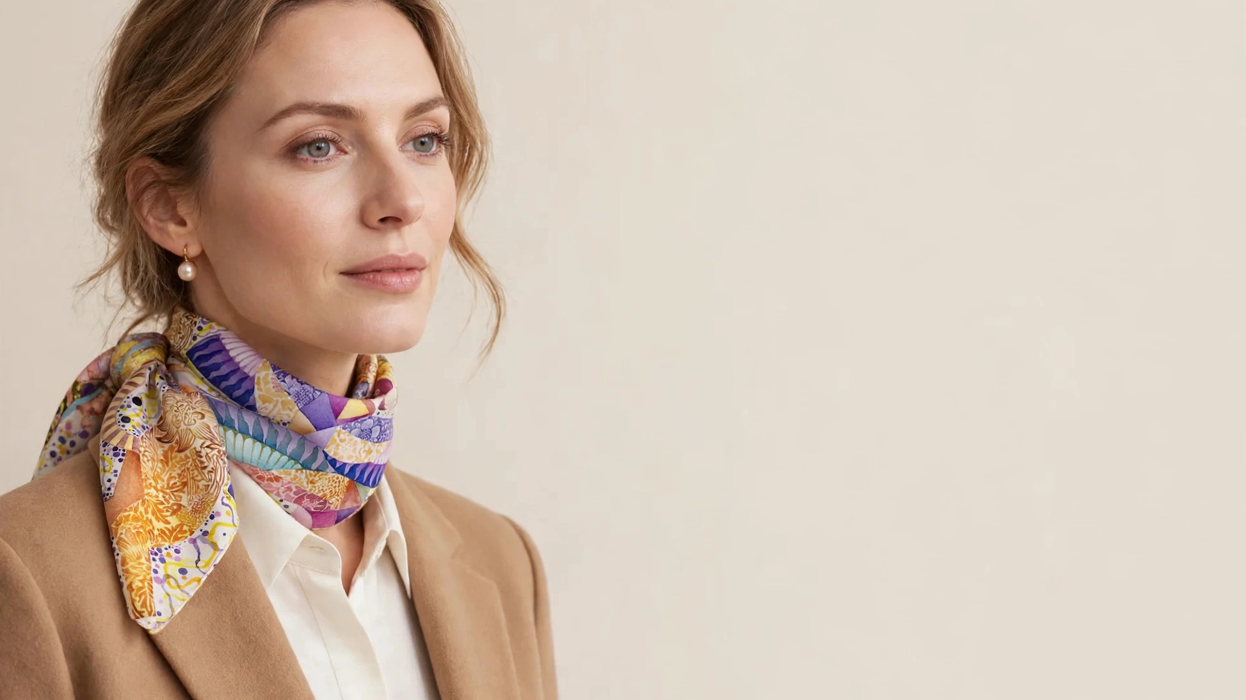 Old money styling with a hand-painted Wenzi silk scarf — quiet luxury for her