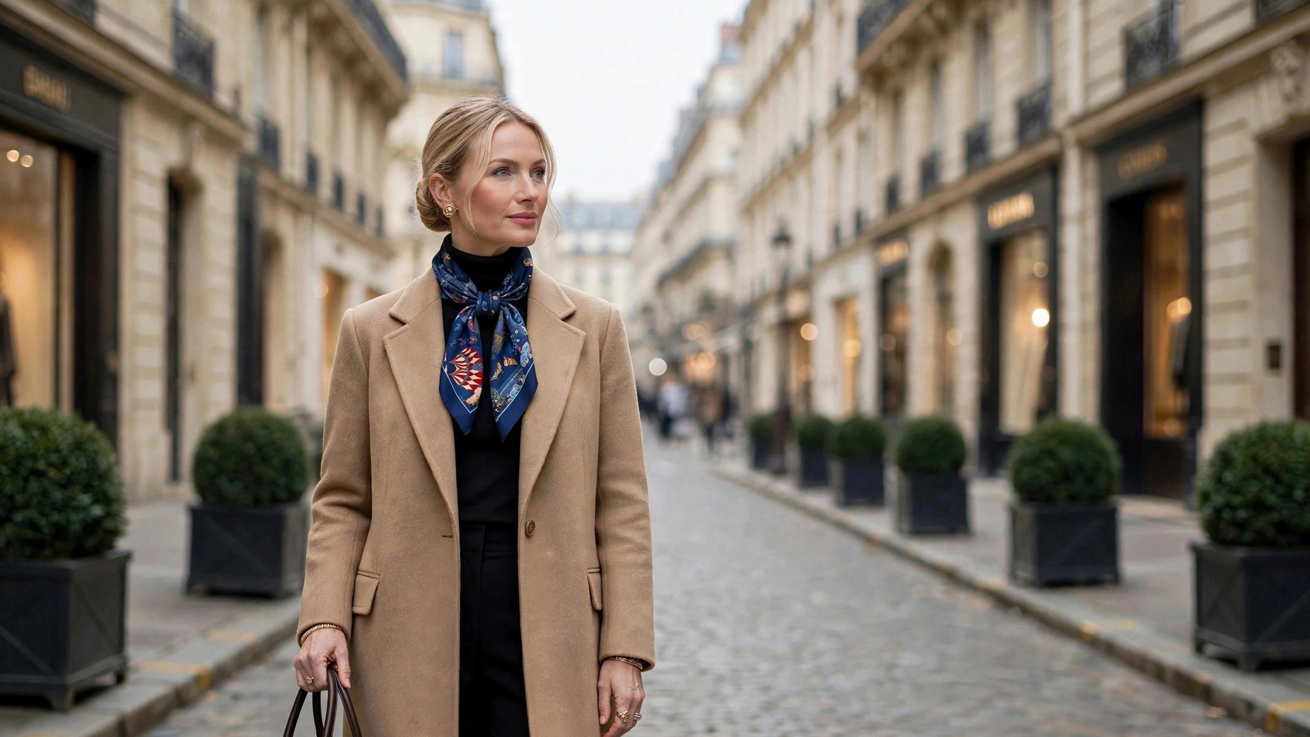 Old money styling in Paris with a hand-painted Wenzi silk scarf — quiet luxury for her